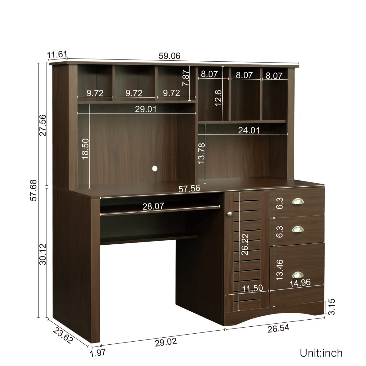 Computer Desk with Hutch & Keyboard Tray, Wood Executive Desk Teens Student Study Desk with 3 Large Drawers & 2-Tier Open Bookshelf, Writing Laptop Table Office Desk for Small Space Bedroom, Walnut