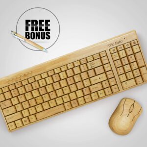 Wireless Bamboo Keyboard and Mouse – Natural, Handmade, Eco-Friendly. Compact Keyboard with 2 Keypads. 3-Button Mouse with Scroll Wheel. Comes with a Wooden Pen by Trio Gato