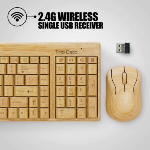 Wireless Bamboo Keyboard and Mouse – Natural, Handmade, Eco-Friendly. Compact Keyboard with 2 Keypads. 3-Button Mouse with Scroll Wheel. Comes with a Wooden Pen by Trio Gato