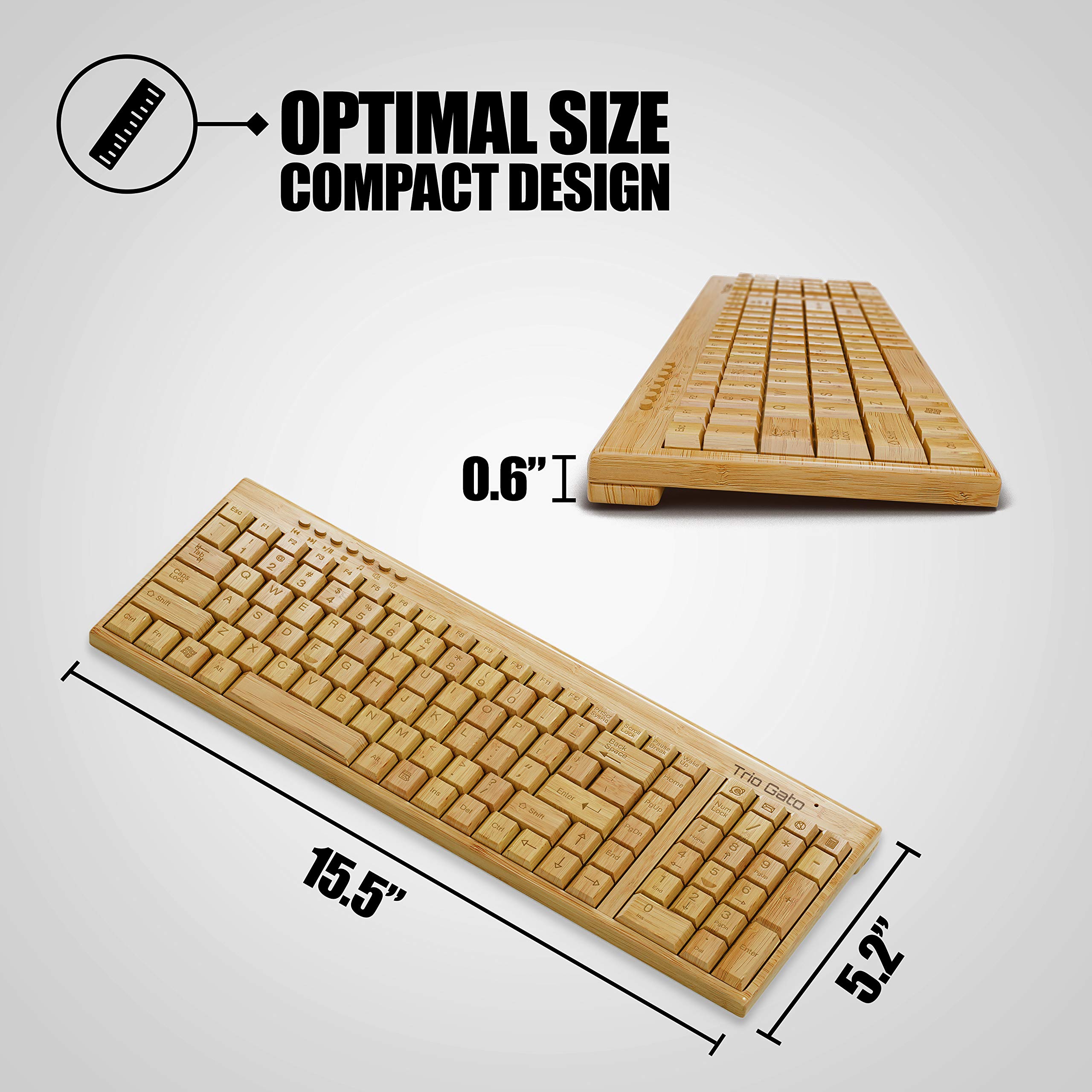 Wireless Bamboo Keyboard and Mouse – Natural, Handmade, Eco-Friendly. Compact Keyboard with 2 Keypads. 3-Button Mouse with Scroll Wheel. Comes with a Wooden Pen by Trio Gato