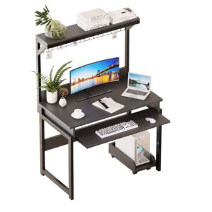 computer desk with hutch and storage shelves, home office study writing desk, small computer desk for small space, laptop desk with keyboard tray for bedroom