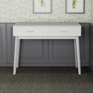 white home office desk with drawers storage, computer writing desk with polished gold handle