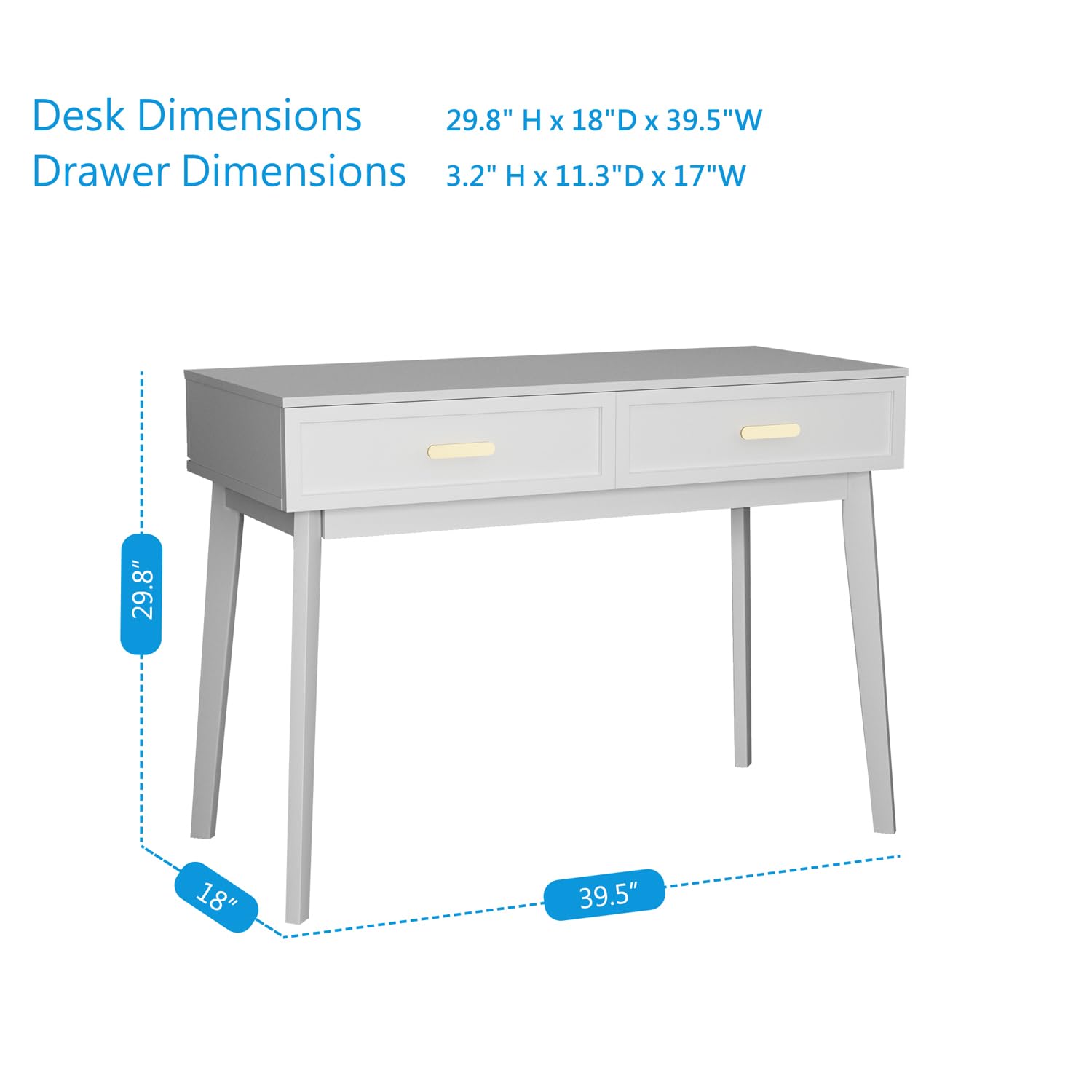 White Home Office Desk with Drawers Storage, Computer Writing Desk with Polished Gold Handle