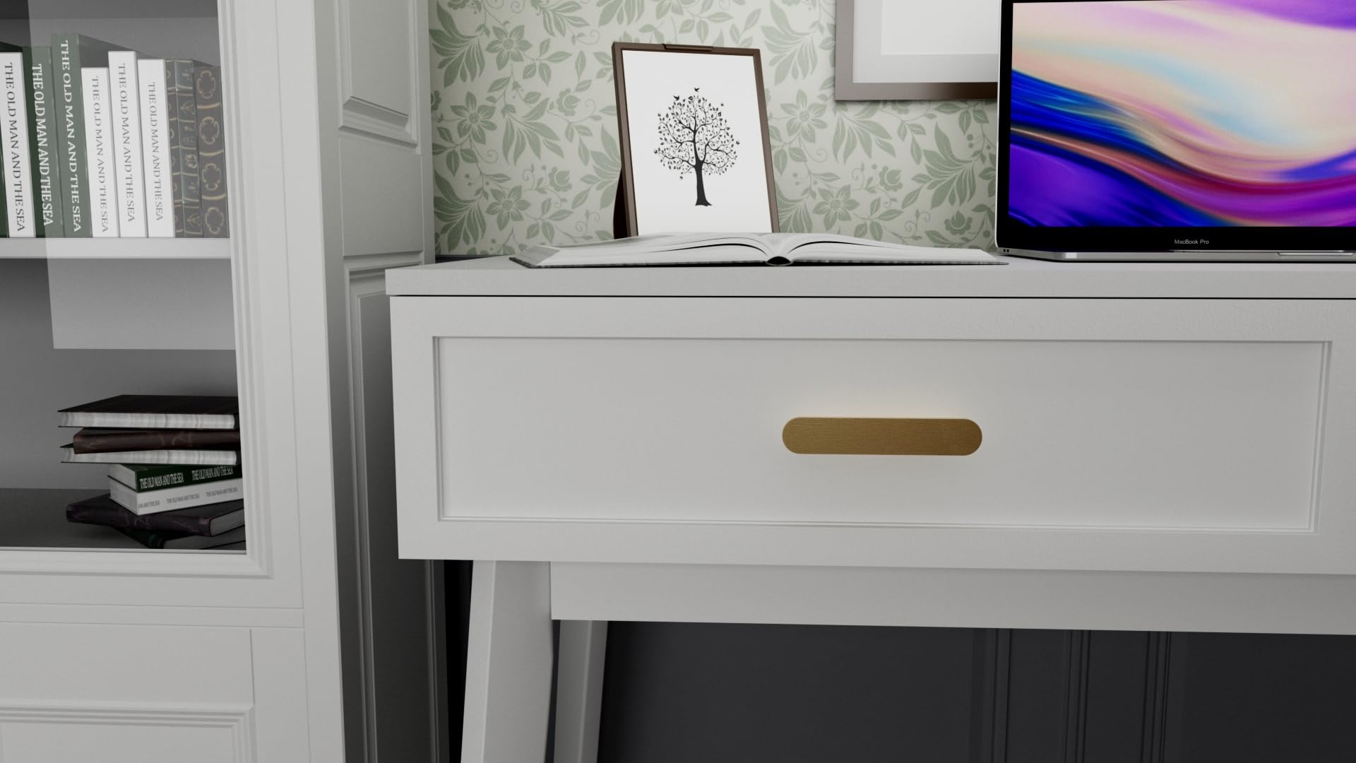 White Home Office Desk with Drawers Storage, Computer Writing Desk with Polished Gold Handle