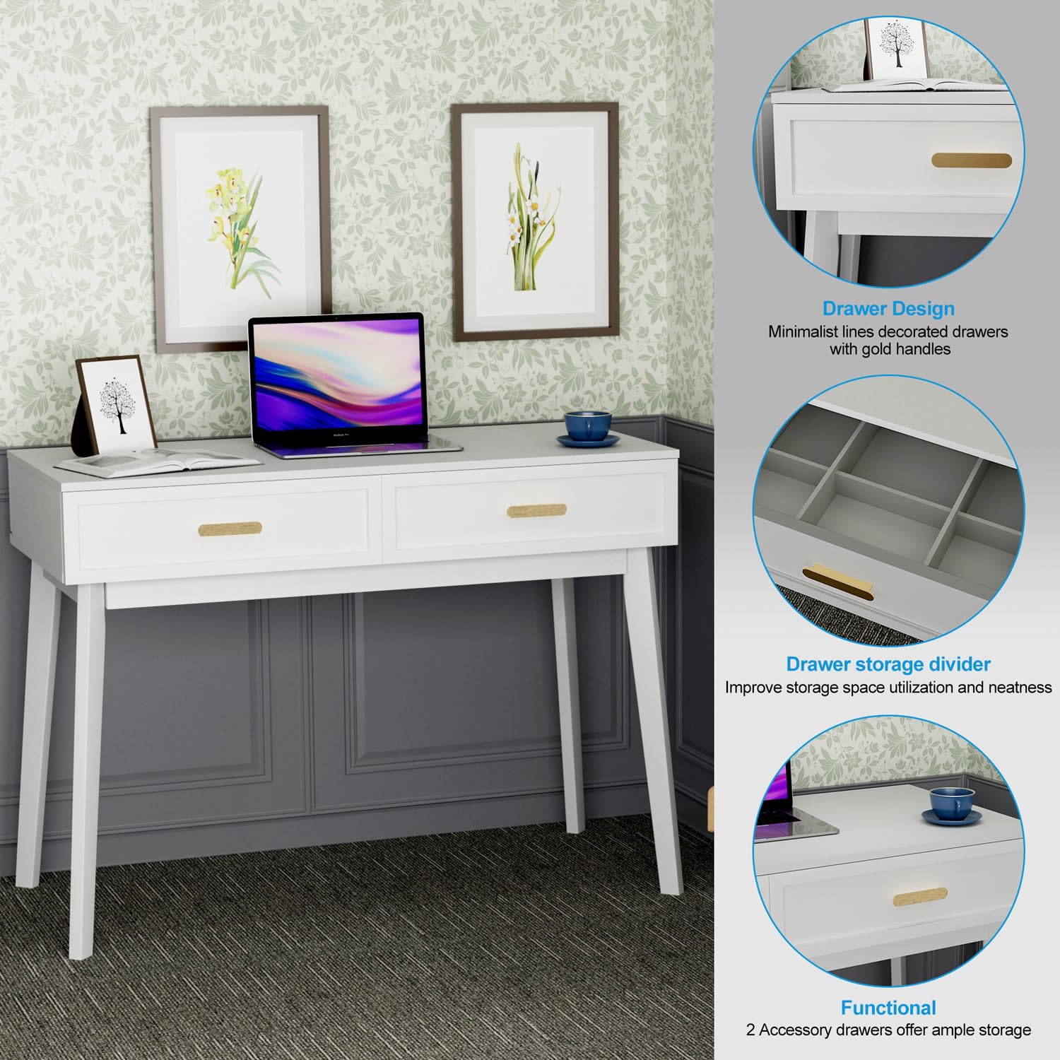 White Home Office Desk with Drawers Storage, Computer Writing Desk with Polished Gold Handle