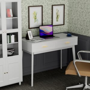 White Home Office Desk with Drawers Storage, Computer Writing Desk with Polished Gold Handle