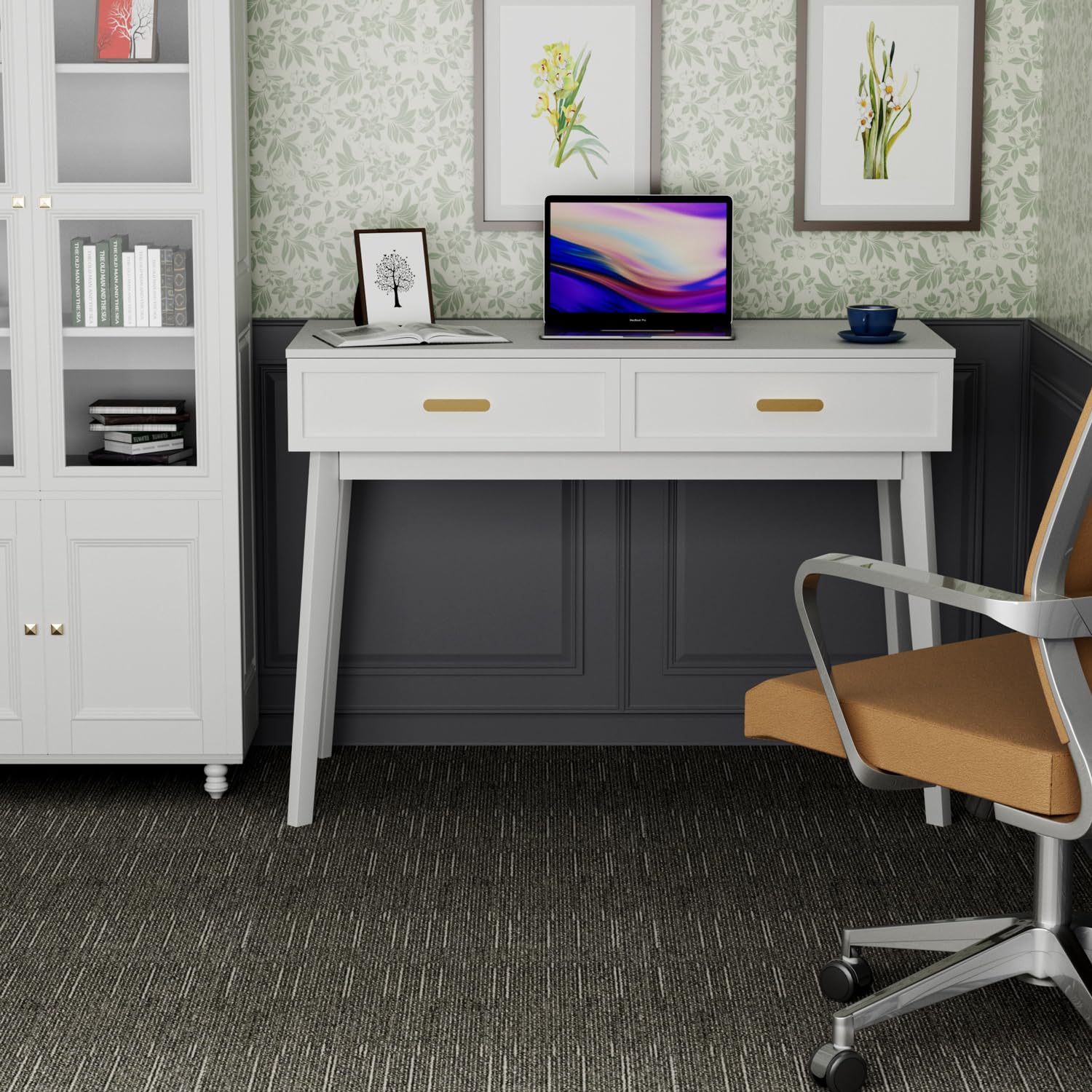 White Home Office Desk with Drawers Storage, Computer Writing Desk with Polished Gold Handle