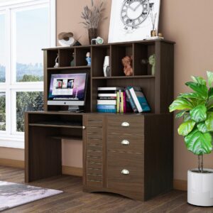 jins&vico computer desk with drawers bookshelf and keyboard tray,wood executive desk with hutch,teens student desk, modern style writing laptop home office desk,computer desk with walnut finish