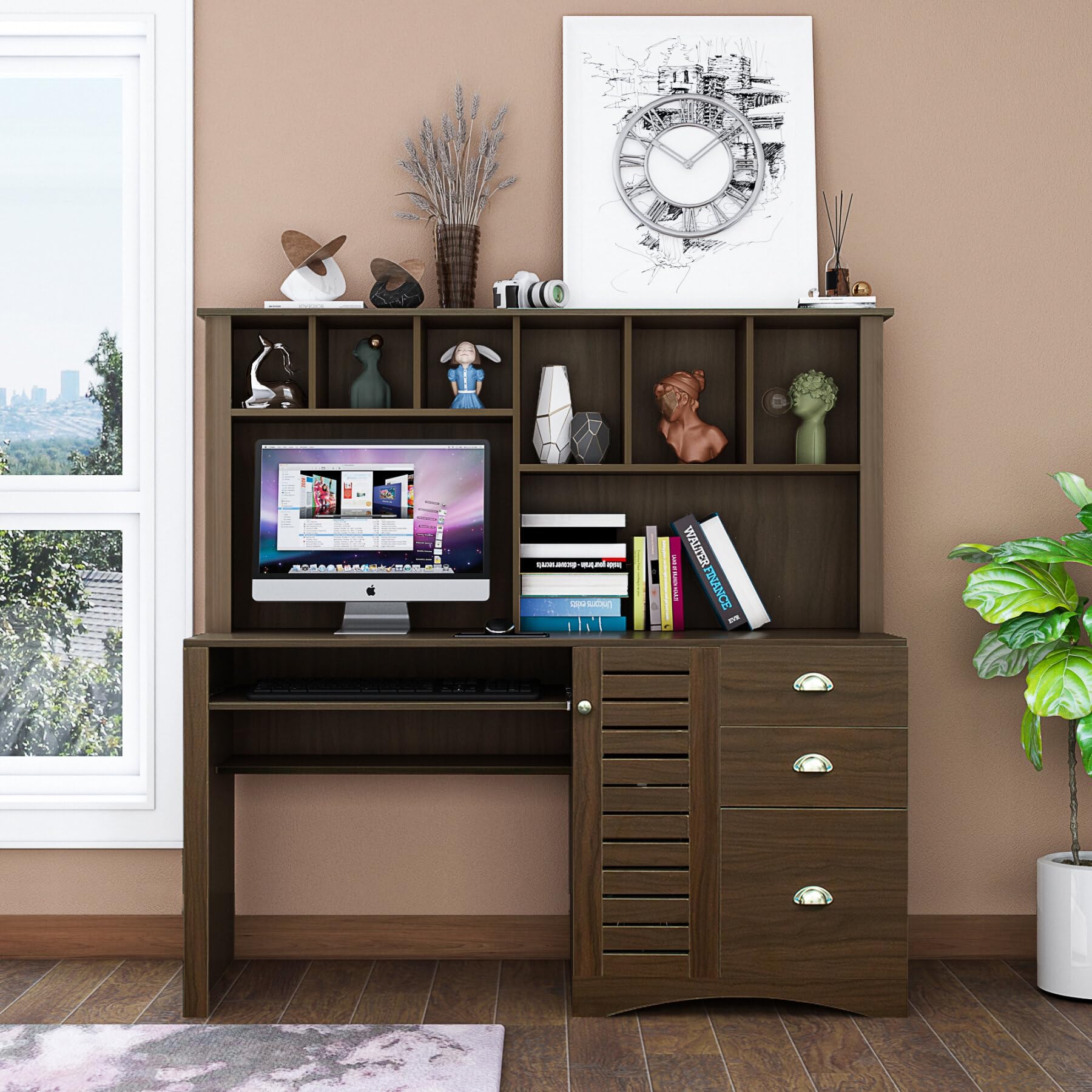 JINS&VICO Computer Desk with Drawers Bookshelf and Keyboard Tray,Wood Executive Desk with Hutch,Teens Student Desk, Modern Style Writing Laptop Home Office Desk,Computer Desk with Walnut Finish