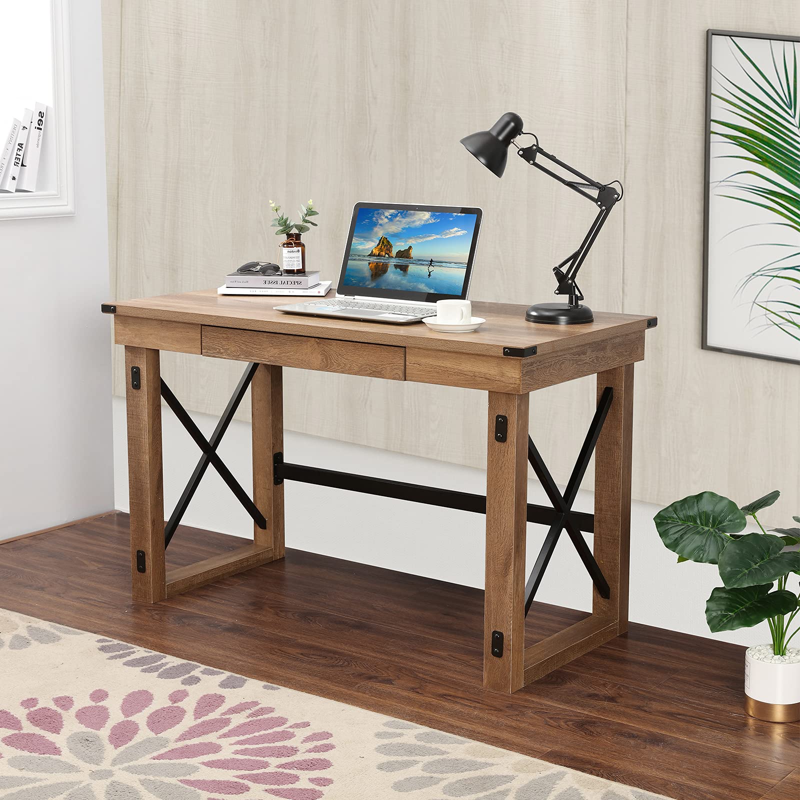 Sports Festival 47.5" Writing Computer Desk Industrial Style Large Home Office Desk with Pull-Out Keyboard Tray and Black Metal Wooden Laptop Table for Work Study