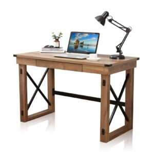 Sports Festival 47.5" Writing Computer Desk Industrial Style Large Home Office Desk with Pull-Out Keyboard Tray and Black Metal Wooden Laptop Table for Work Study