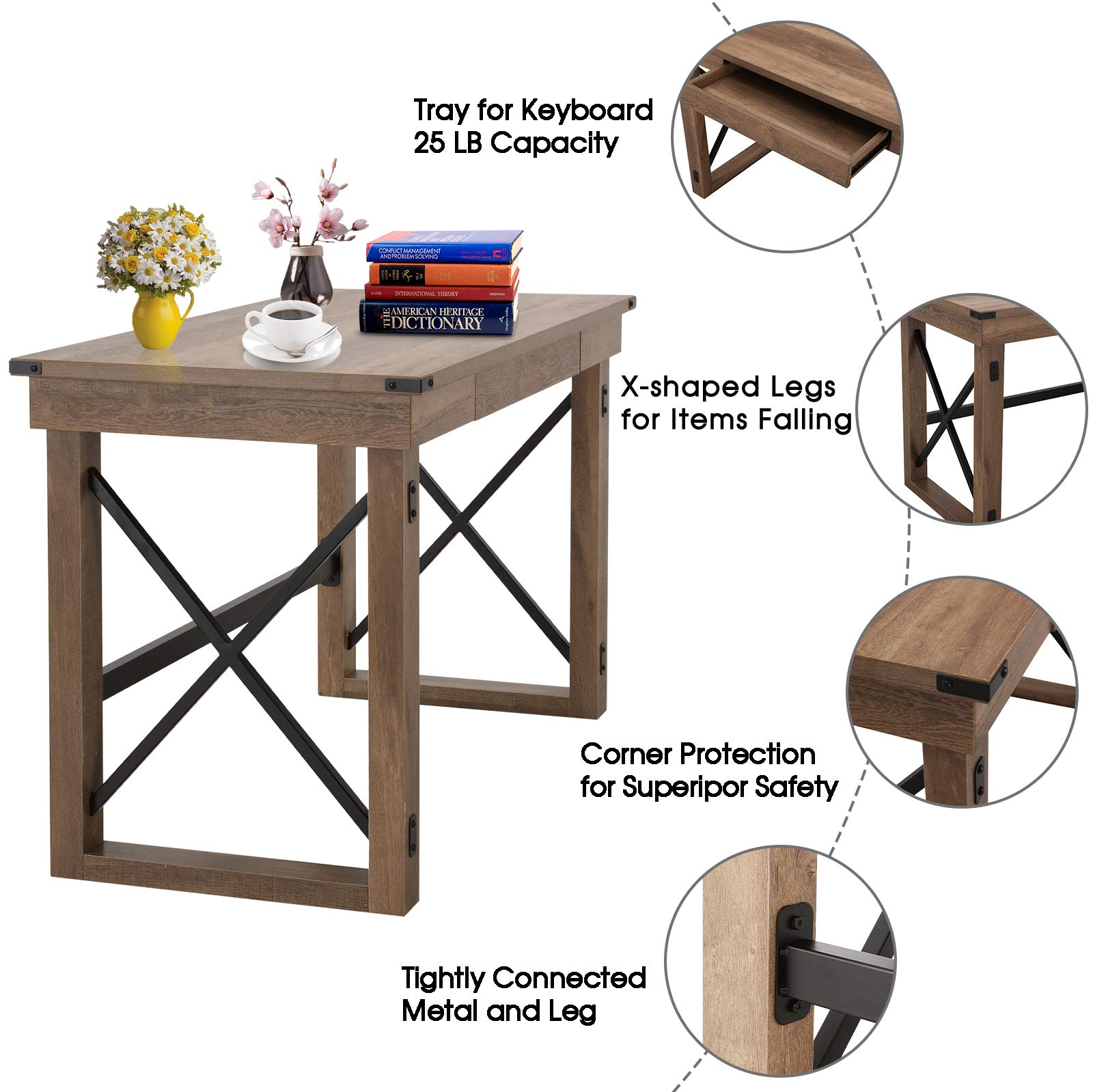 Sports Festival 47.5" Writing Computer Desk Industrial Style Large Home Office Desk with Pull-Out Keyboard Tray and Black Metal Wooden Laptop Table for Work Study