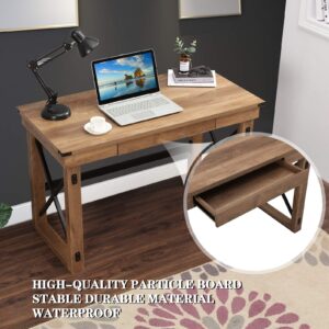 Sports Festival 47.5" Writing Computer Desk Industrial Style Large Home Office Desk with Pull-Out Keyboard Tray and Black Metal Wooden Laptop Table for Work Study