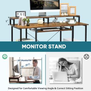 Multigot Wooden Laptop Desk, Industrial PC Table Workstation with Storage Shelves, Monitor Stand and Keyboard Tray, Gamer Computer Desk for Home Office Bedroom and Living Room