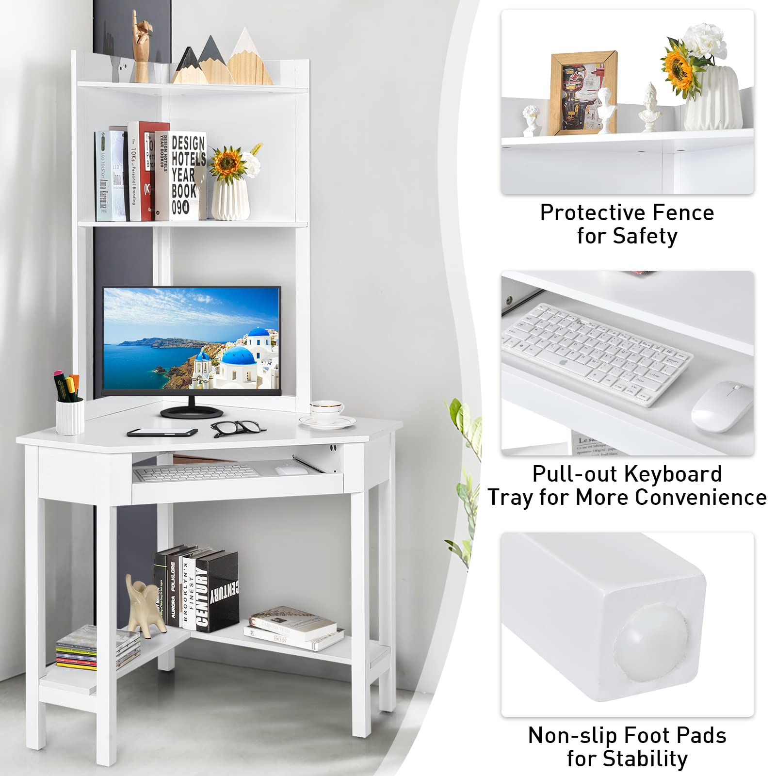 COSTWAY Corner Desk with Hutch, Compact Corner Computer Desk, Study and Writing Table with Keyboard Tray & Bottom Shelves, Space-saving Laptop PC Desk for Small Space, Home, Bedroom, Apartment (White)