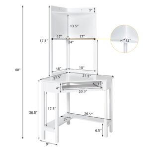 COSTWAY Corner Desk with Hutch, Compact Corner Computer Desk, Study and Writing Table with Keyboard Tray & Bottom Shelves, Space-saving Laptop PC Desk for Small Space, Home, Bedroom, Apartment (White)