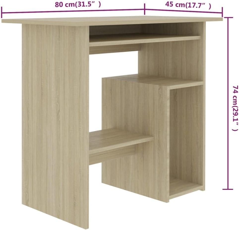 vidaXL Engineered Wood Desk with Keyboard Tray and PC Shelf, Space-Saving Home Office Desk, Easy to Clean, Modern Design in Sonoma Oak Finish