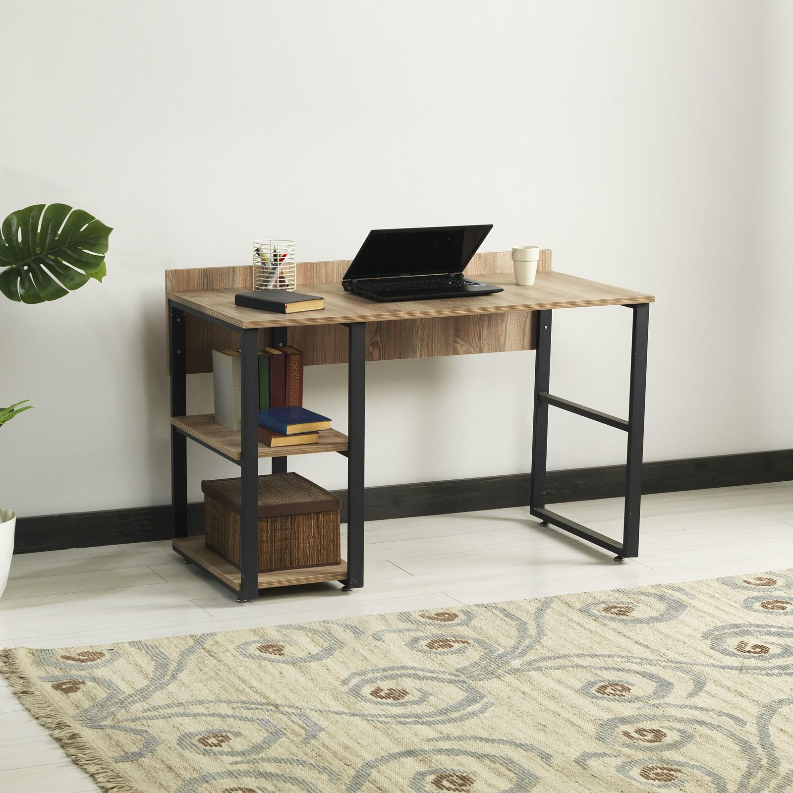 Aienid Solid Wood Walnut Black Computer Desk Black Metal Frame 58" Wooden Top 2 Shelves Writing and Computer Desk for Home Office, Oak