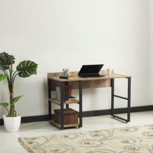 Aienid Solid Wood Walnut Black Computer Desk Black Metal Frame 58" Wooden Top 2 Shelves Writing and Computer Desk for Home Office, Oak