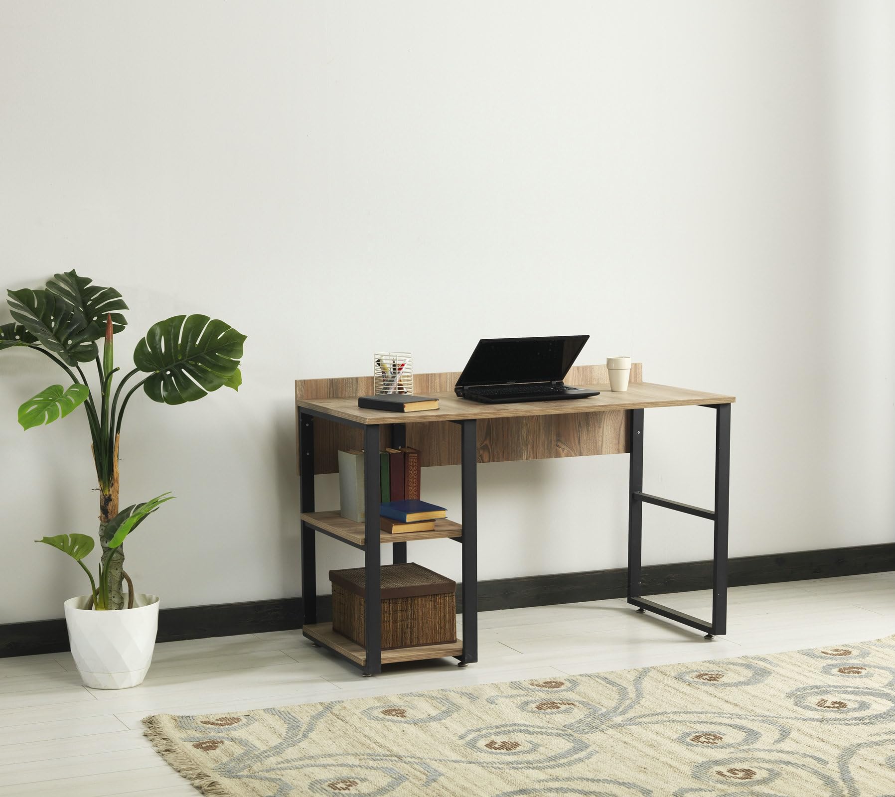 Aienid Solid Wood Walnut Black Computer Desk Black Metal Frame 58" Wooden Top 2 Shelves Writing and Computer Desk for Home Office, Oak