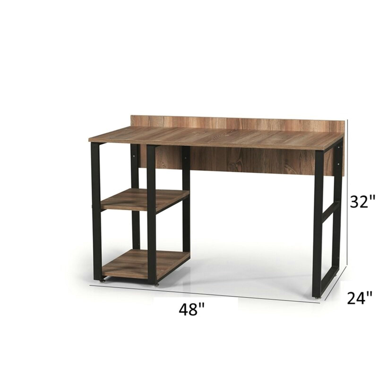 Aienid Solid Wood Walnut Black Computer Desk Black Metal Frame 58" Wooden Top 2 Shelves Writing and Computer Desk for Home Office, Oak