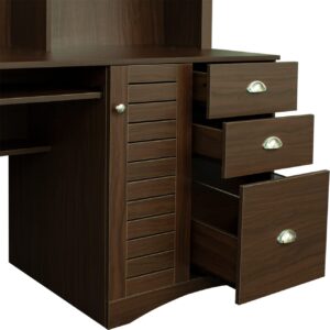 Computer Desk, Modern Wooden Home Office Desk Student Desk with Drawers and Bookshelf, Multifunctional Computer Desk Writing Table with Keyboard and Hutch for Small Space Bedroom Study, Walnut