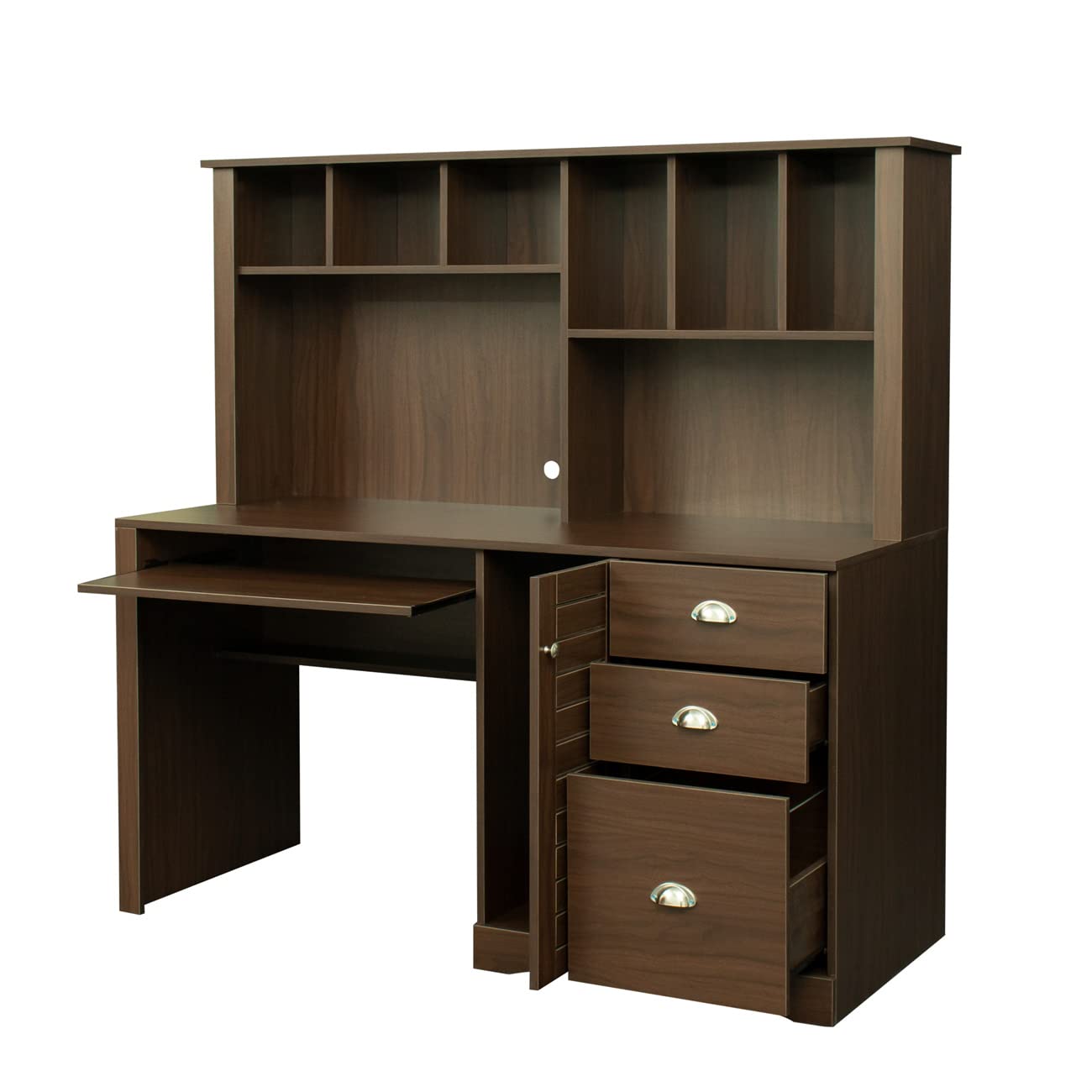 Computer Desk, Modern Wooden Home Office Desk Student Desk with Drawers and Bookshelf, Multifunctional Computer Desk Writing Table with Keyboard and Hutch for Small Space Bedroom Study, Walnut