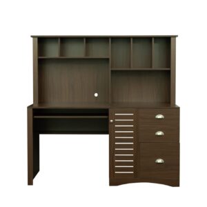 Computer Desk, Modern Wooden Home Office Desk Student Desk with Drawers and Bookshelf, Multifunctional Computer Desk Writing Table with Keyboard and Hutch for Small Space Bedroom Study, Walnut