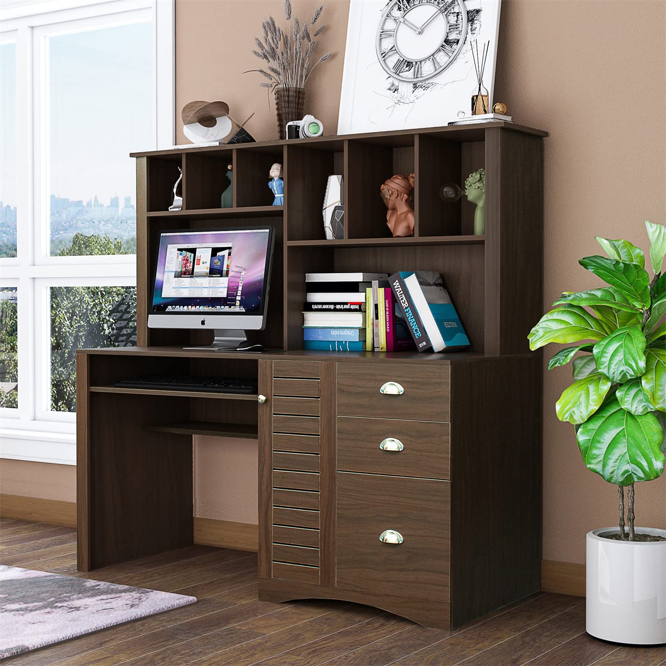 Computer Desk, Modern Wooden Home Office Desk Student Desk with Drawers and Bookshelf, Multifunctional Computer Desk Writing Table with Keyboard and Hutch for Small Space Bedroom Study, Walnut