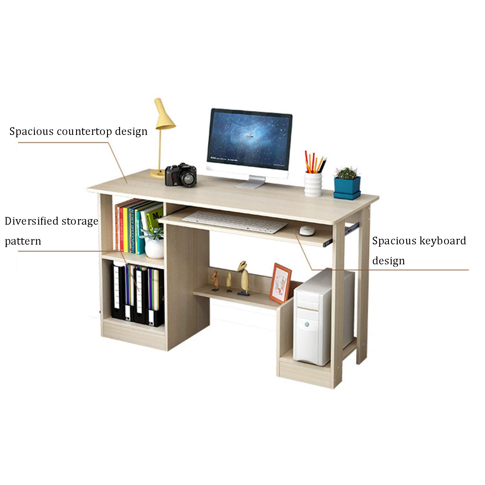 Office Supplies Wooden Desktop Computer Desk Desk,Simple Modern Study Desk Home Student Study Desk Bedroom Desk,Large PC Laptop Desk,With Storage Shelf and Keyboard Tray (90*40*72cm Maple Color )