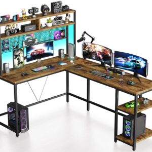 VEELOK L Shaped Desk with Hutch - 67" L Shaped Gaming Desk with LED Lights, Corner Computer Desk with Storage Shelves, L Shaped Office Desk with Pegboard, Rustic Brown