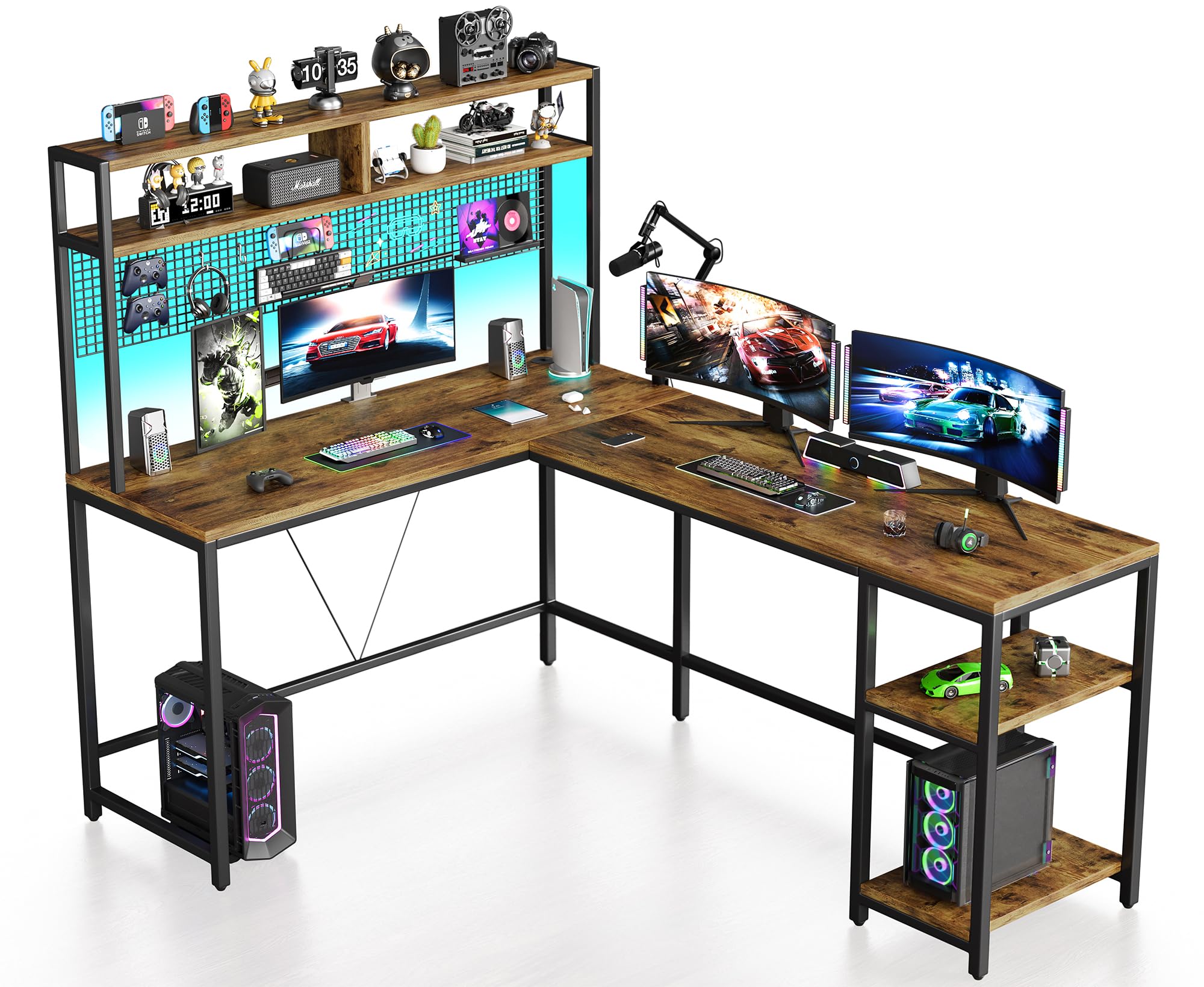 VEELOK L Shaped Desk with Hutch - 67" L Shaped Gaming Desk with LED Lights, Corner Computer Desk with Storage Shelves, L Shaped Office Desk with Pegboard, Rustic Brown