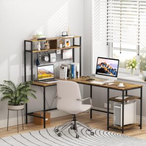 VEELOK L Shaped Desk with Hutch - 67" L Shaped Gaming Desk with LED Lights, Corner Computer Desk with Storage Shelves, L Shaped Office Desk with Pegboard, Rustic Brown