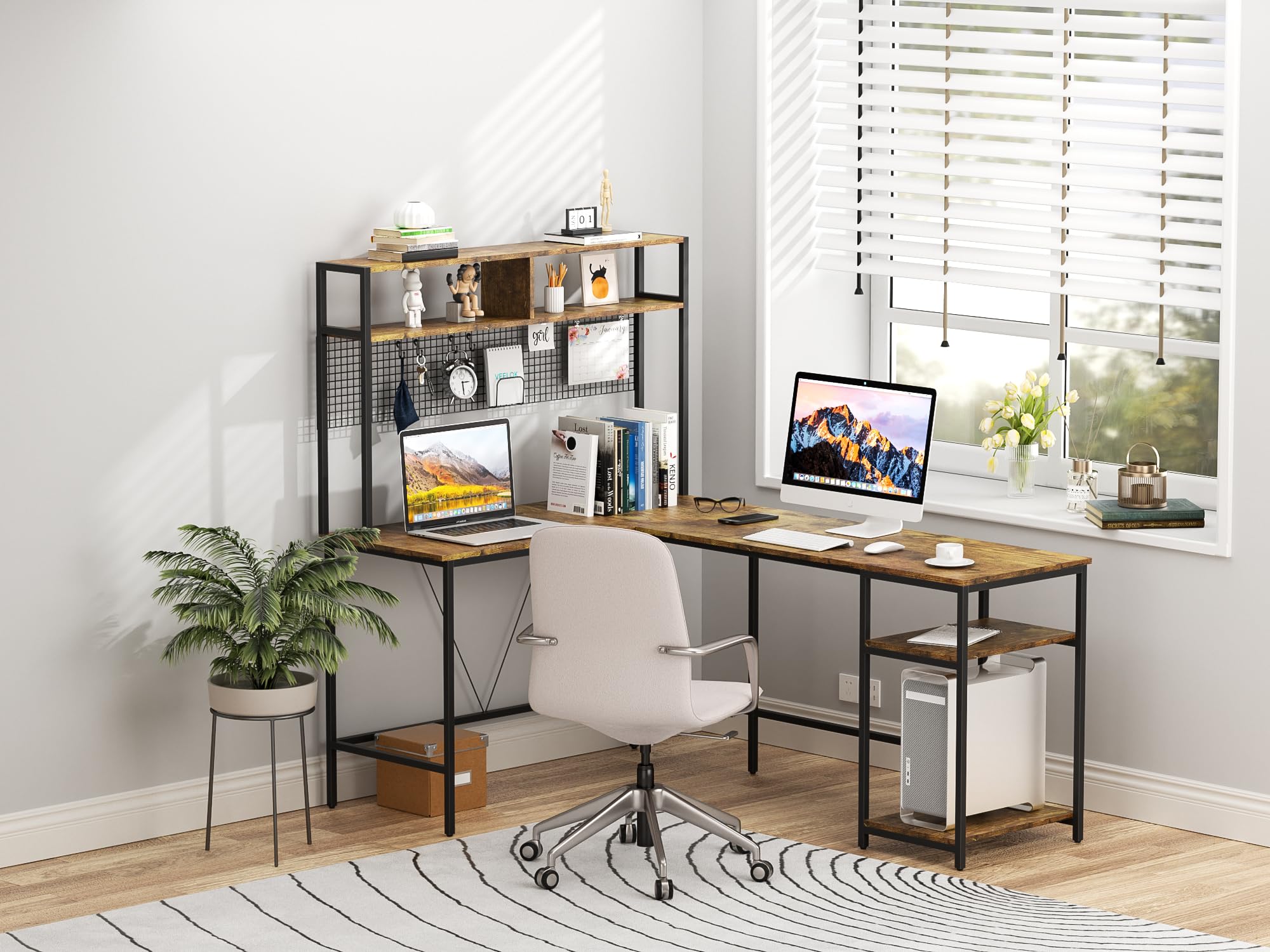 VEELOK L Shaped Desk with Hutch - 67" L Shaped Gaming Desk with LED Lights, Corner Computer Desk with Storage Shelves, L Shaped Office Desk with Pegboard, Rustic Brown