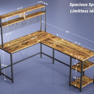 VEELOK L Shaped Desk with Hutch - 67" L Shaped Gaming Desk with LED Lights, Corner Computer Desk with Storage Shelves, L Shaped Office Desk with Pegboard, Rustic Brown