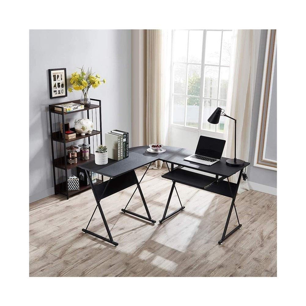 Desk L Shaped Computer with Keyboard Tray, Wood Reversible Corner, L- Shaped Gaming Home Office PC Study Table Workstation Wooden Black Round Corner