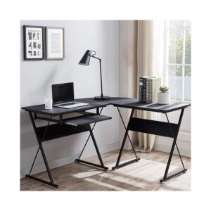 Desk L Shaped Computer with Keyboard Tray, Wood Reversible Corner, L- Shaped Gaming Home Office PC Study Table Workstation Wooden Black Round Corner