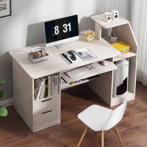 u&g wooden computer desk study writing table,home office desk with drawers and storage shelves,pc laptop table with keyboard tray for bedroom small spaces workstation-d 114x40x92cm(45x16x36inch)