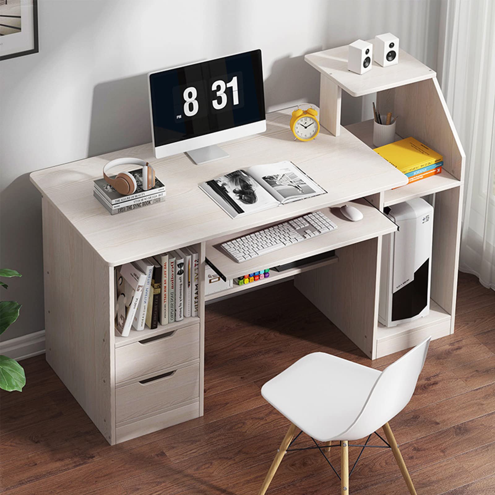 U&G Wooden Computer Desk Study Writing Table,Home Office Desk with Drawers and Storage Shelves,Pc Laptop Table with Keyboard Tray for Bedroom Small Spaces Workstation-D 114x40x92cm(45x16x36inch)