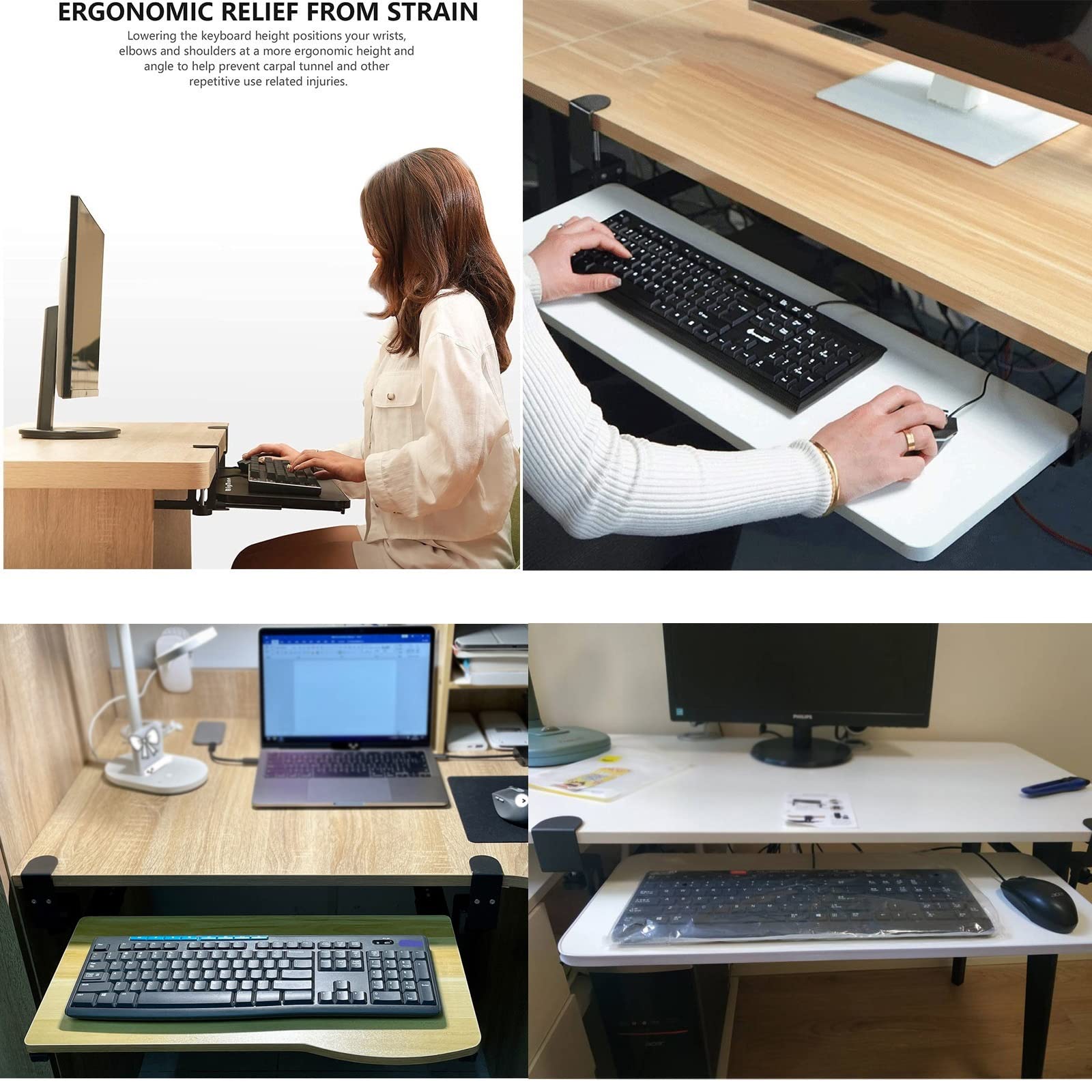 V3VOGUE Keyboard Platforms Under Desk Sliding Keyboard Tray - Office Workstation Organizers, 4 Colors Wooden Desk Extender Tray 520/650/750mm, Clamp-On, Easy Push-Pull Keyboard Drawer