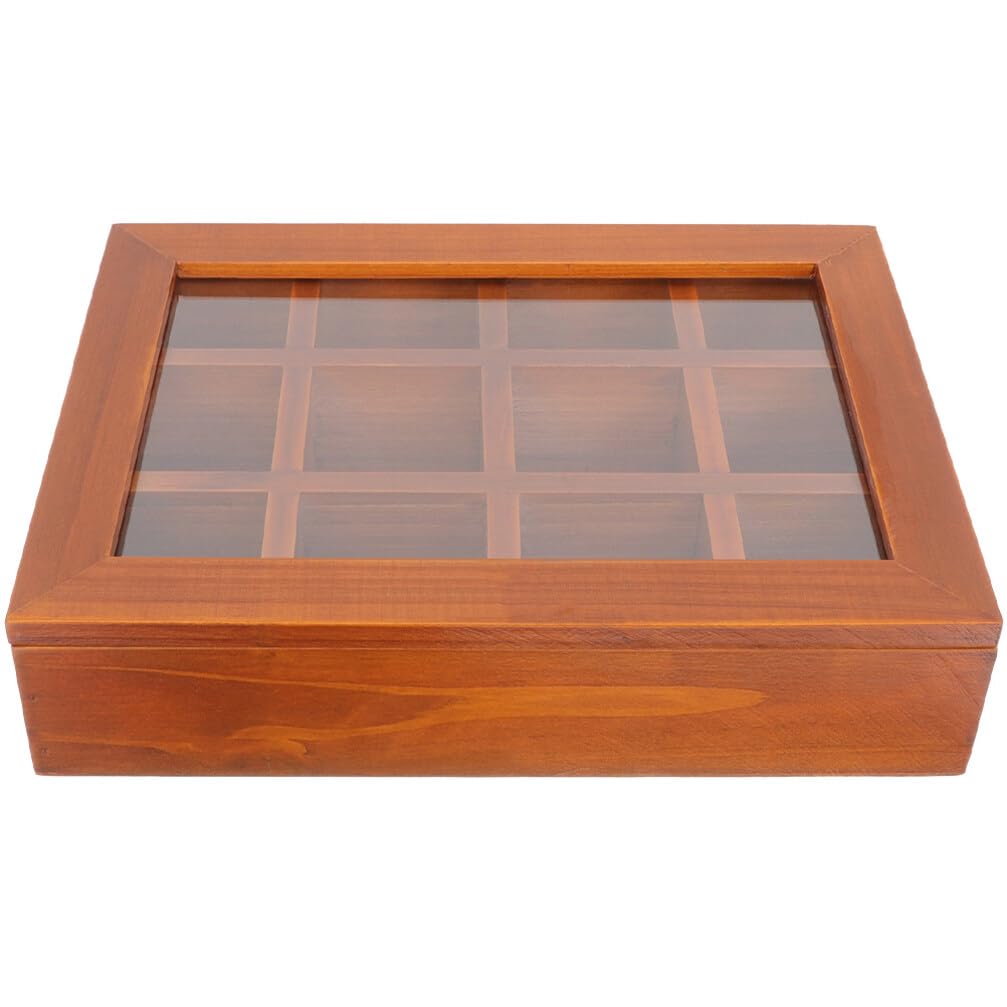 Cabilock Wooden Tea Box Organizer 12 Grid Wood Tea Chest with Clear Glass Lid Vintage Jewelry Keepsakes Box Trinkets Case Ring Necklace Bracelet Holder for Watch Display Showcase