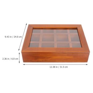 Cabilock Wooden Tea Box Organizer 12 Grid Wood Tea Chest with Clear Glass Lid Vintage Jewelry Keepsakes Box Trinkets Case Ring Necklace Bracelet Holder for Watch Display Showcase
