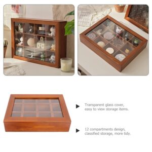 Cabilock Wooden Tea Box Organizer 12 Grid Wood Tea Chest with Clear Glass Lid Vintage Jewelry Keepsakes Box Trinkets Case Ring Necklace Bracelet Holder for Watch Display Showcase
