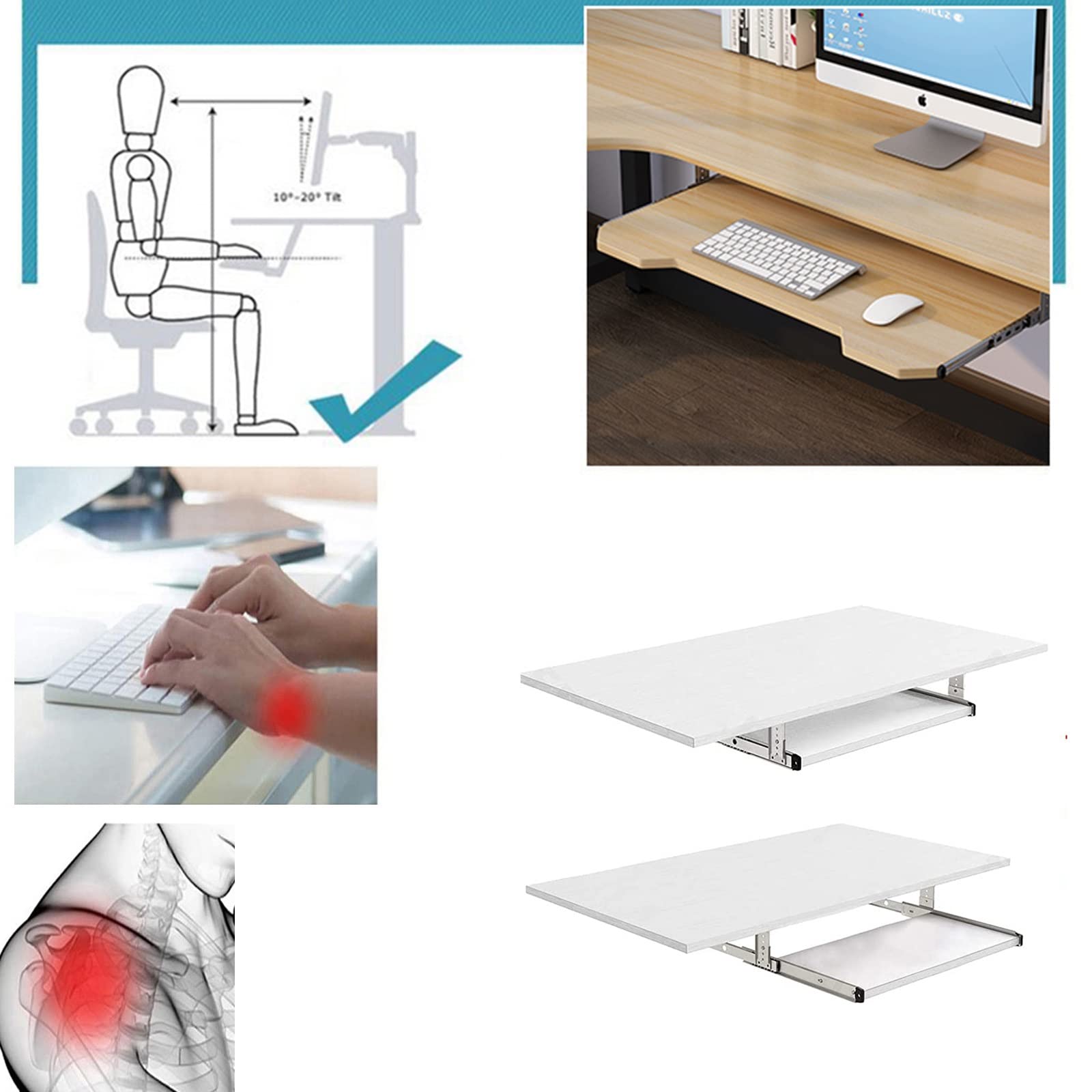 V3VOGUE Computer Desk Keyboard Tray Shelf - Under Desk Sliding, Wooden Desk Extender Tray 54/60/70 cm, with Slide, Pull Out Keyboard Platforms Keyboard Drawer Height Adjustable