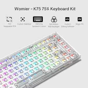 Womier 75% Custom Keyboard Kit- Gasket Mount Mechanical Gaming Keyboard, S-K75 82 Keys Wired Custom Keyboard RGB Clear Keyboard Kit, Hot Swappable Keyboard, Pre-lubed Switch for Mac/Win, Transparent