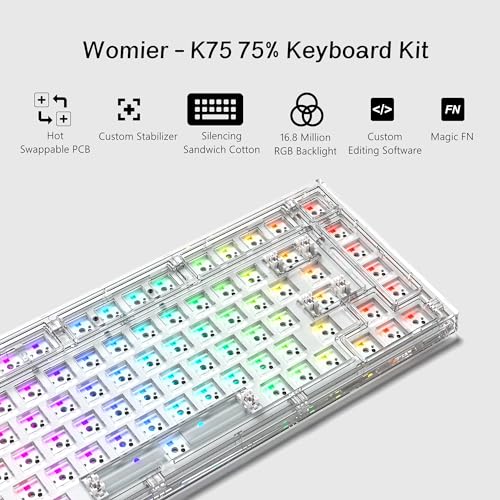 Womier 75% Custom Keyboard Kit- Gasket Mount Mechanical Gaming Keyboard, S-K75 82 Keys Wired Custom Keyboard RGB Clear Keyboard Kit, Hot Swappable Keyboard, Pre-lubed Switch for Mac/Win, Transparent