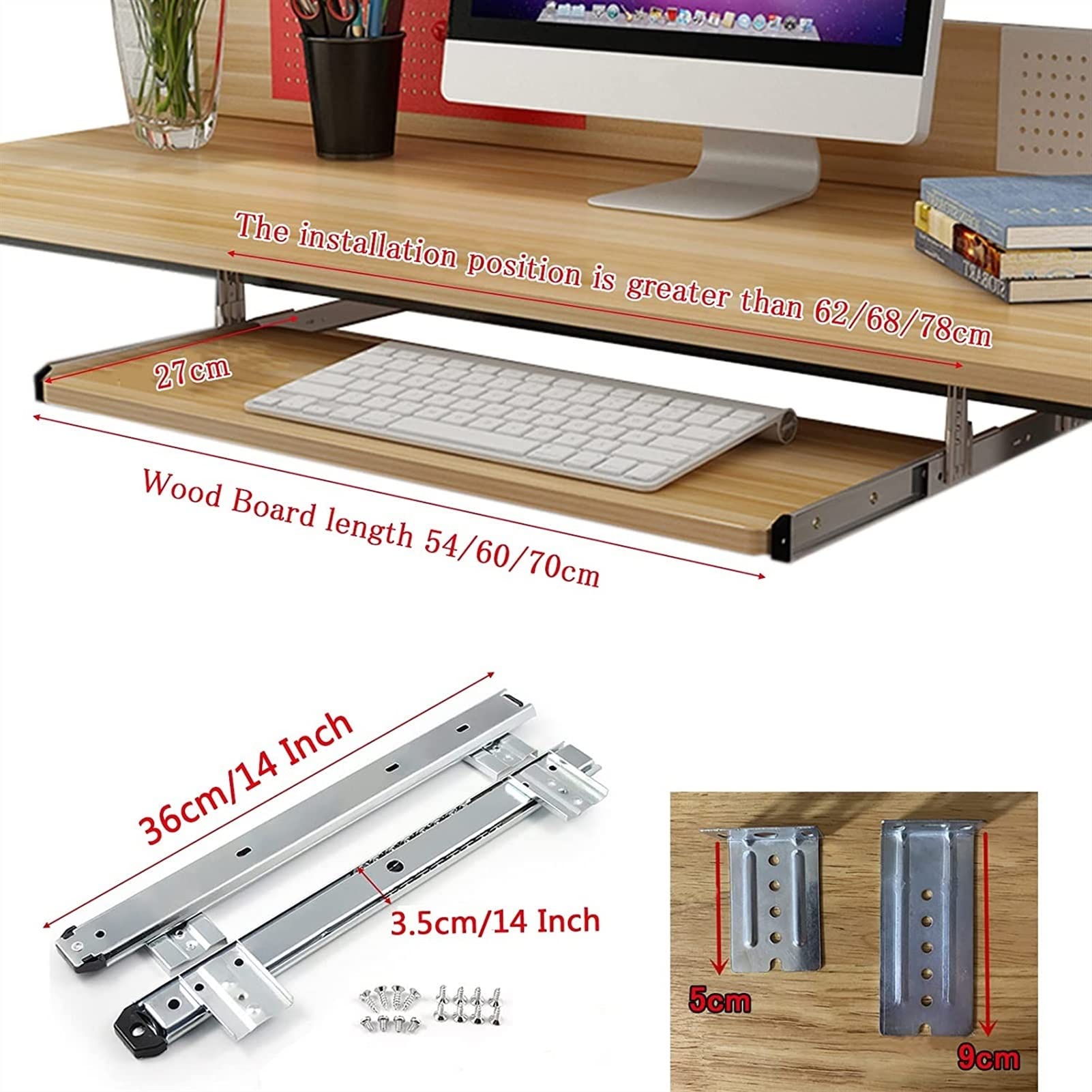 Desktop Extender Sliding Keyboard Tray Keyboard Slider 54/60/70x27cm Wooden Extension Table Installed Under The Table Strong Load-bearing Capacity Easy To Assemble Ergonomics Adjust Posture Improve Fa