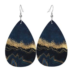 blue marble earrings faux leather teardrop dangle earrings lightweight leaf earring for women teen girls