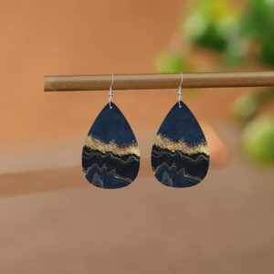 Blue Marble Earrings Faux Leather Teardrop Dangle Earrings Lightweight Leaf Earring for Women Teen Girls