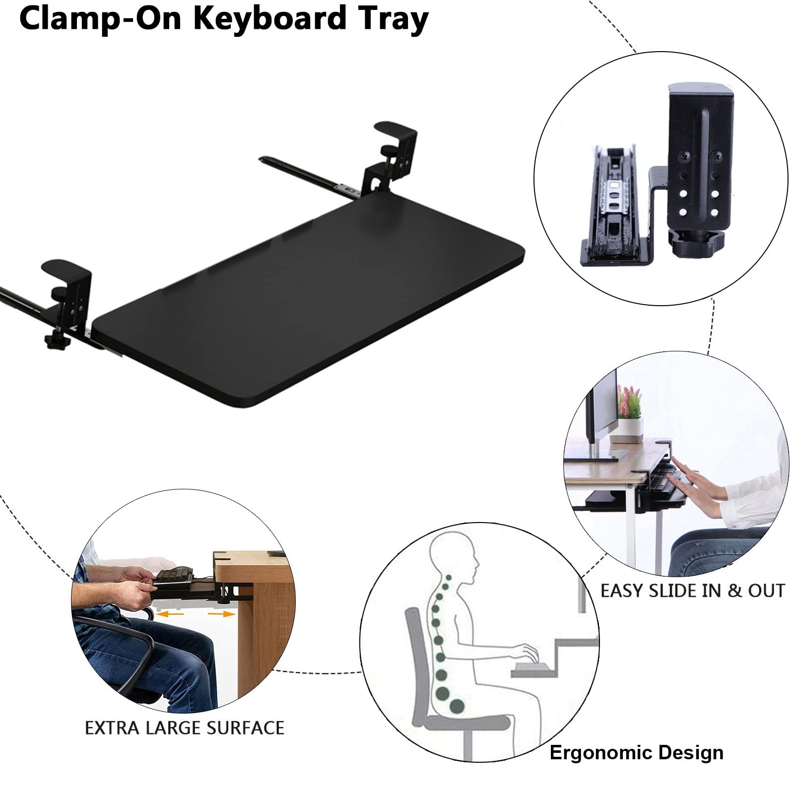 Premium Wooden Keyboard Tray Under Desk Sliding - Ergonomic Keyboard Drawer with Sturdy C-Clamp, No Drilling, Slide-Out Keyboard Holder for Home Office, Relieve Muscle Stress